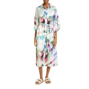 MUNTHE Varun Tie Dye Shirt Dress Womens 38 Medium White Blue Green Midi Belted
